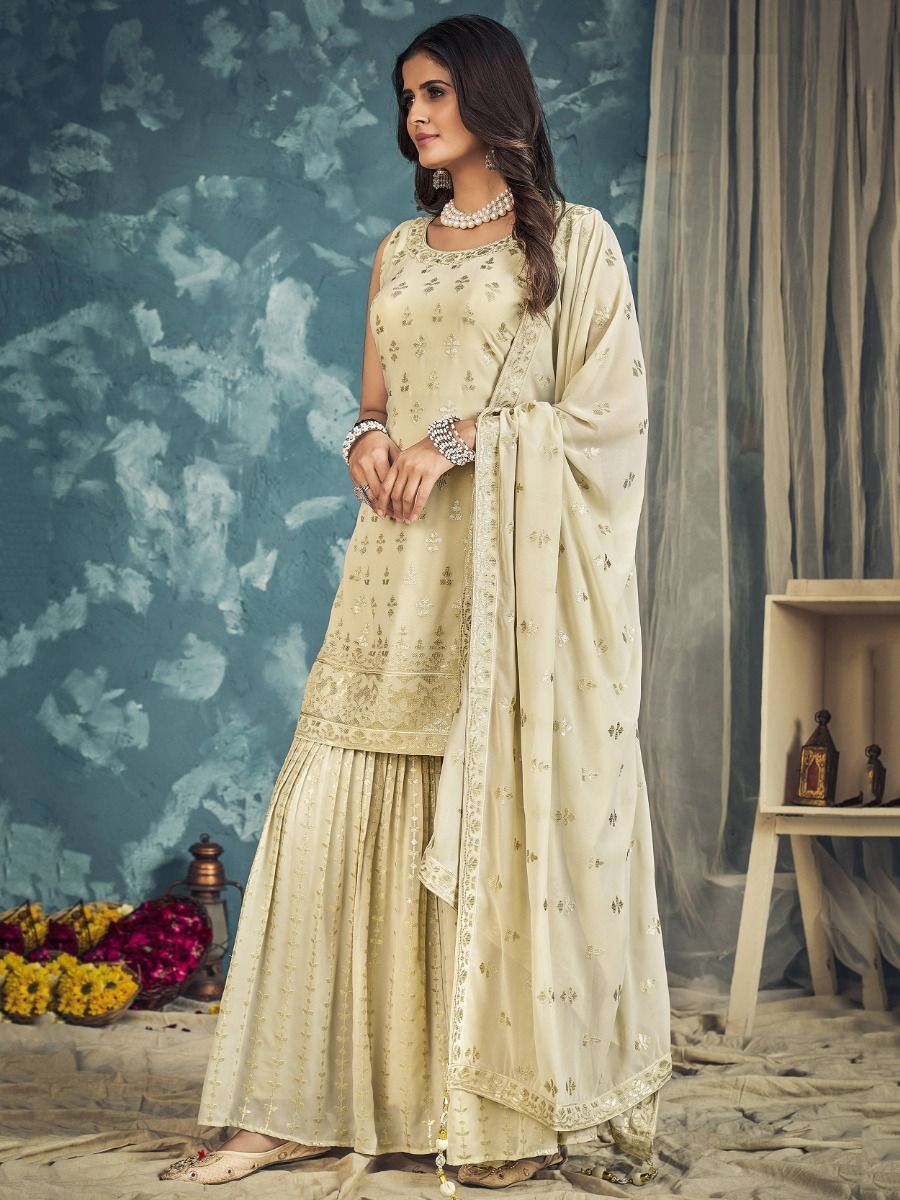Cream Pakistani Georgette Sharara For Indian Festivals & Weddings - Sequence Embroidery Work, Zari Work