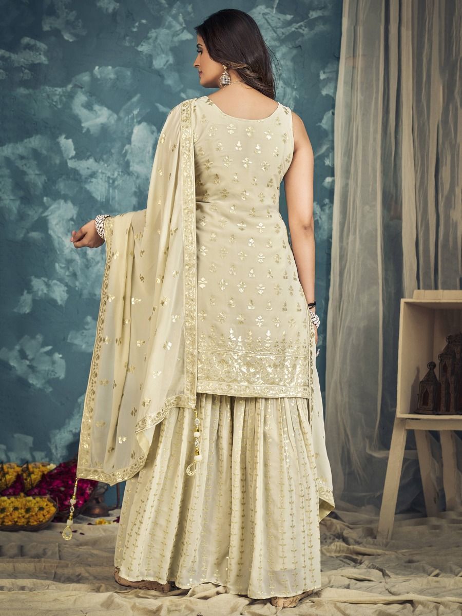 Cream Pakistani Georgette Sharara For Indian Festivals & Weddings - Sequence Embroidery Work, Zari Work