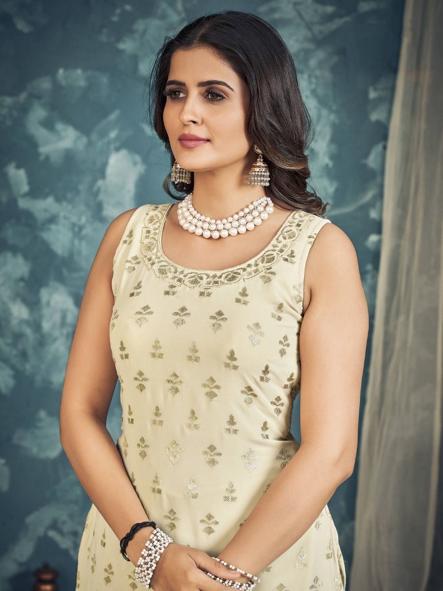 Cream Pakistani Georgette Sharara For Indian Festivals & Weddings - Sequence Embroidery Work, Zari Work