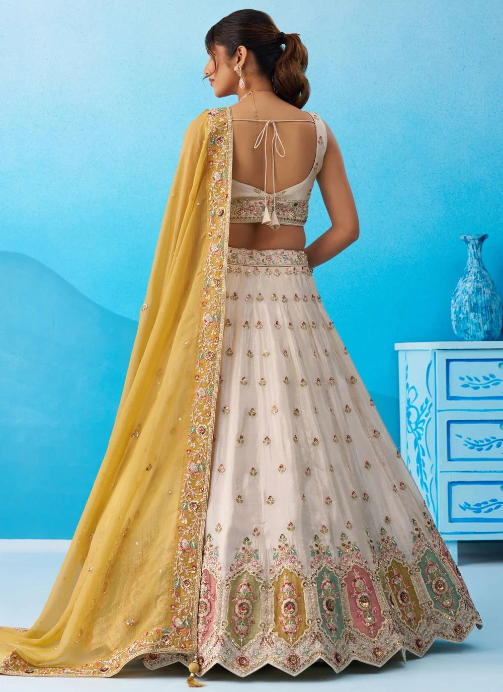 Cream patch work lehenga for women with mustard tissue dupatta
