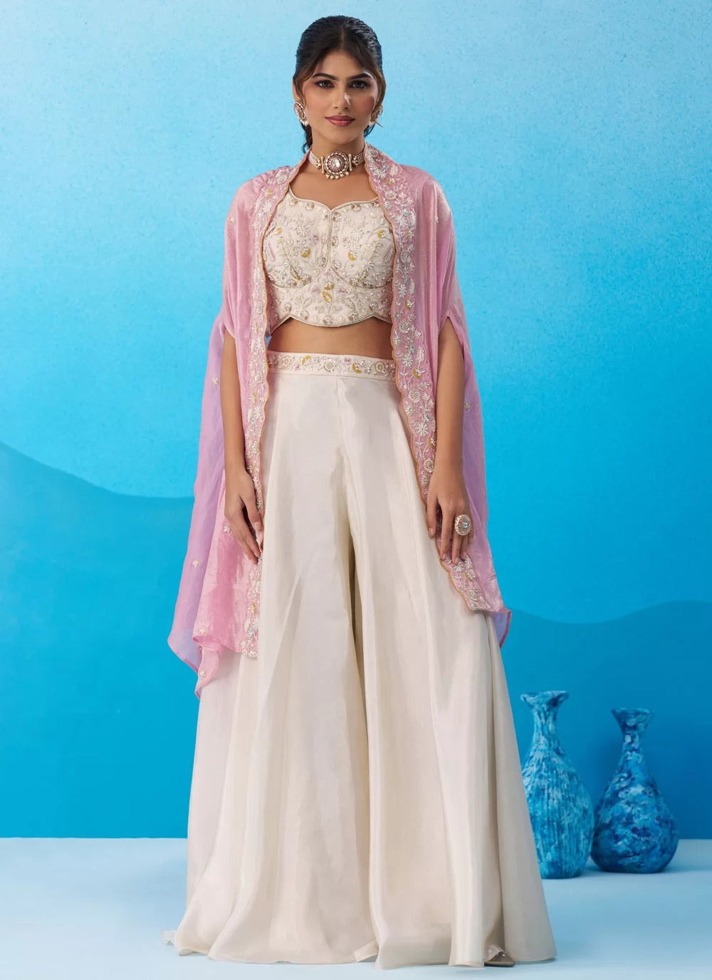Cream pink indo western co ord set with embroidered cape for women