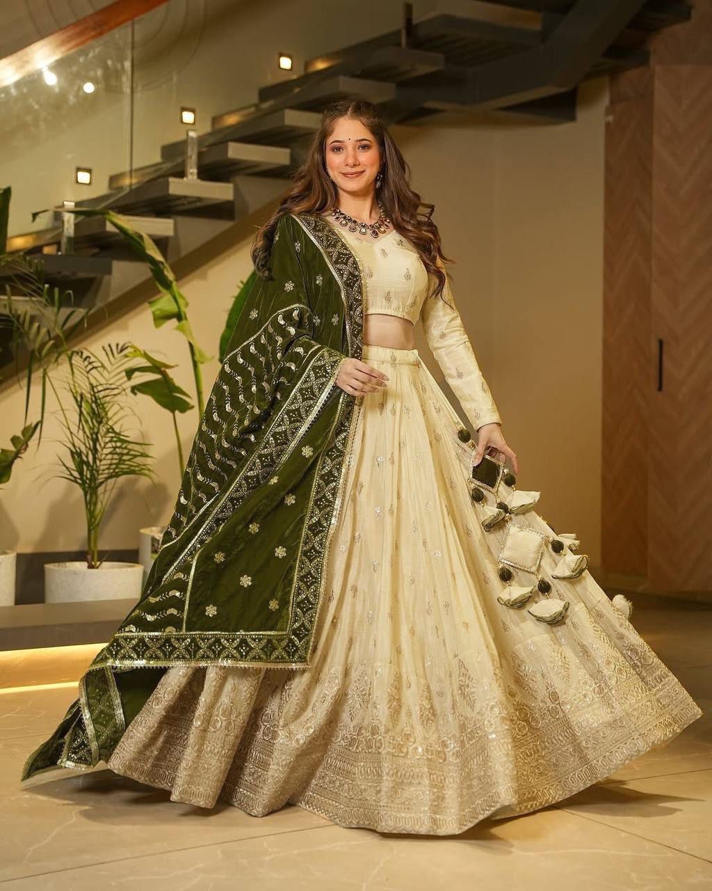 Cream Premium Silkyani Slab Lehenga Set with Thread & Sequin Work