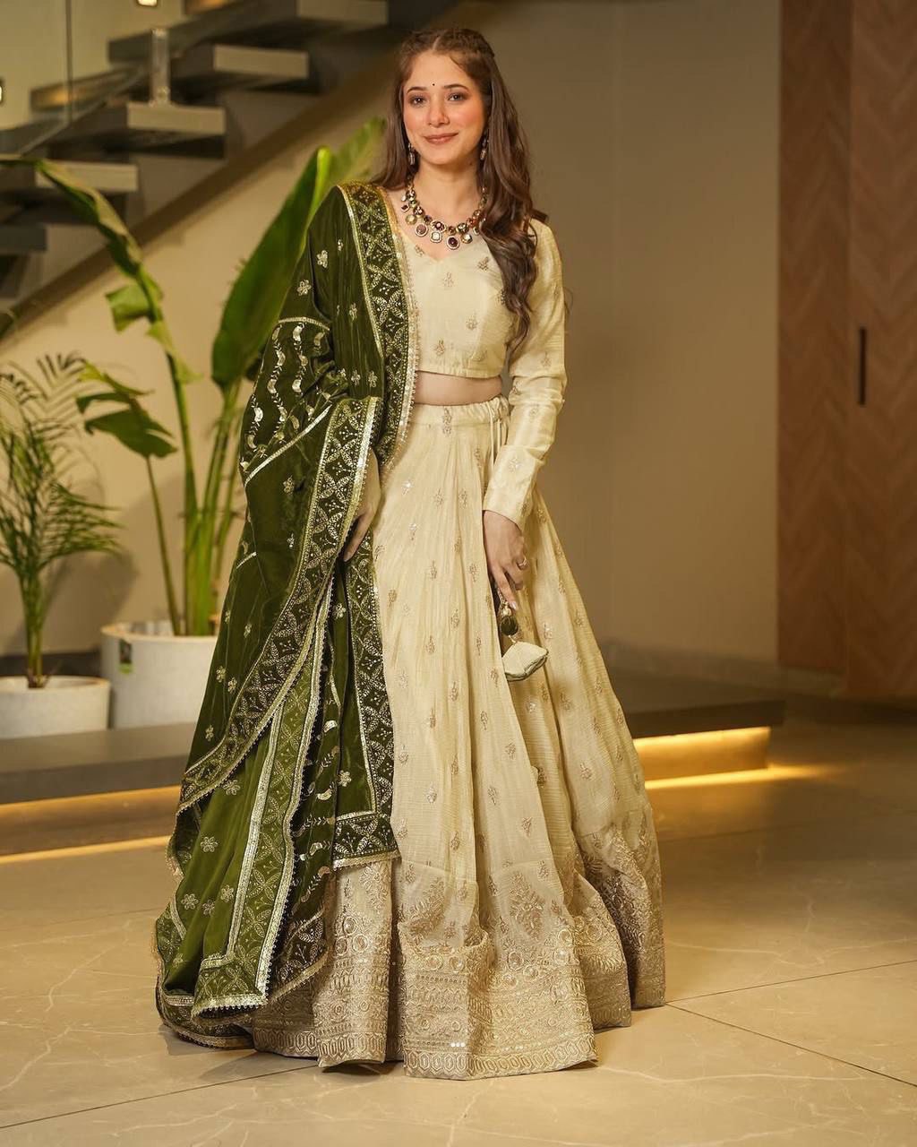 Cream Premium Silkyani Slab Lehenga Set with Thread & Sequin Work