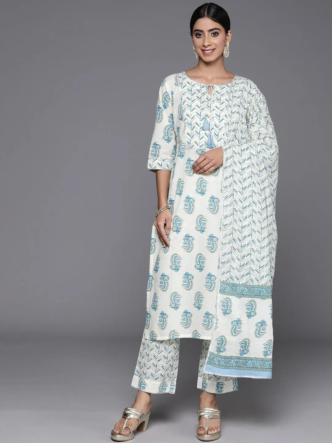 Mameraa Cream Printed Cotton Straight Suit With Dupatta