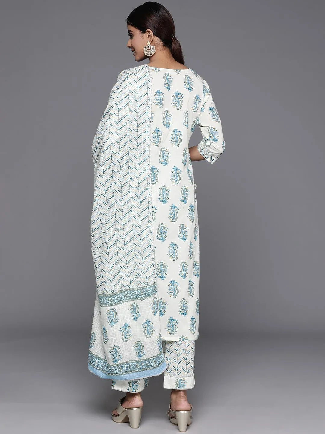Mameraa Cream Printed Cotton Straight Suit With Dupatta