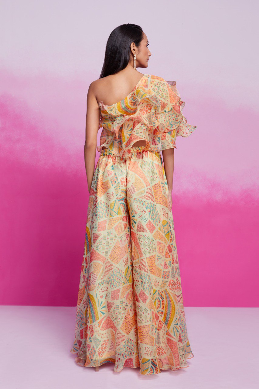 Cream Printed Organza Blouse & Palazzo Set Ready To Wear Ethnic Co-Ord Set