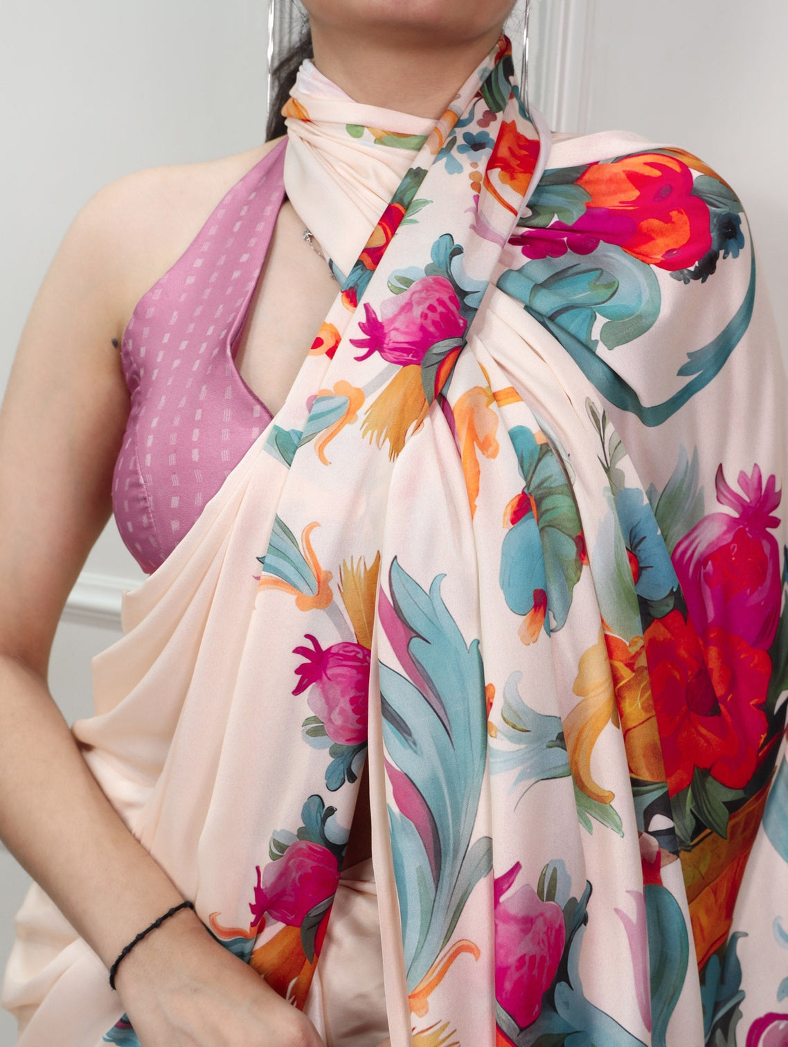 Cream Printed Satin Silk Saree