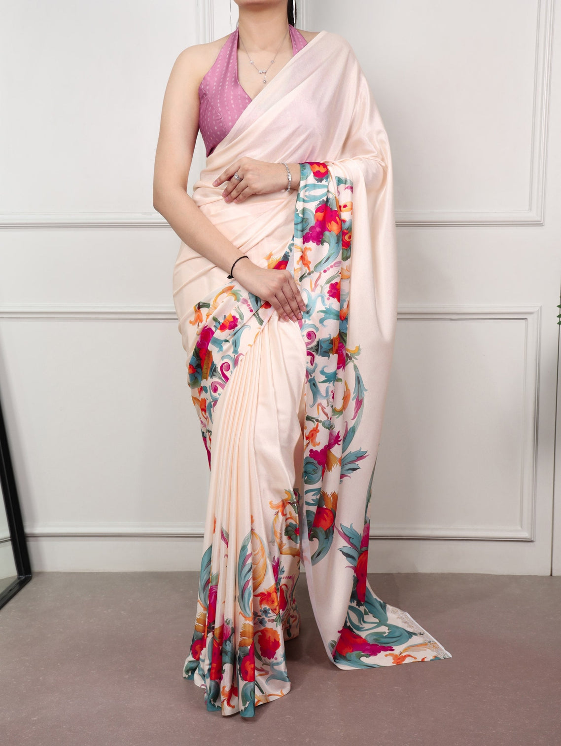 Cream Printed Satin Silk Saree