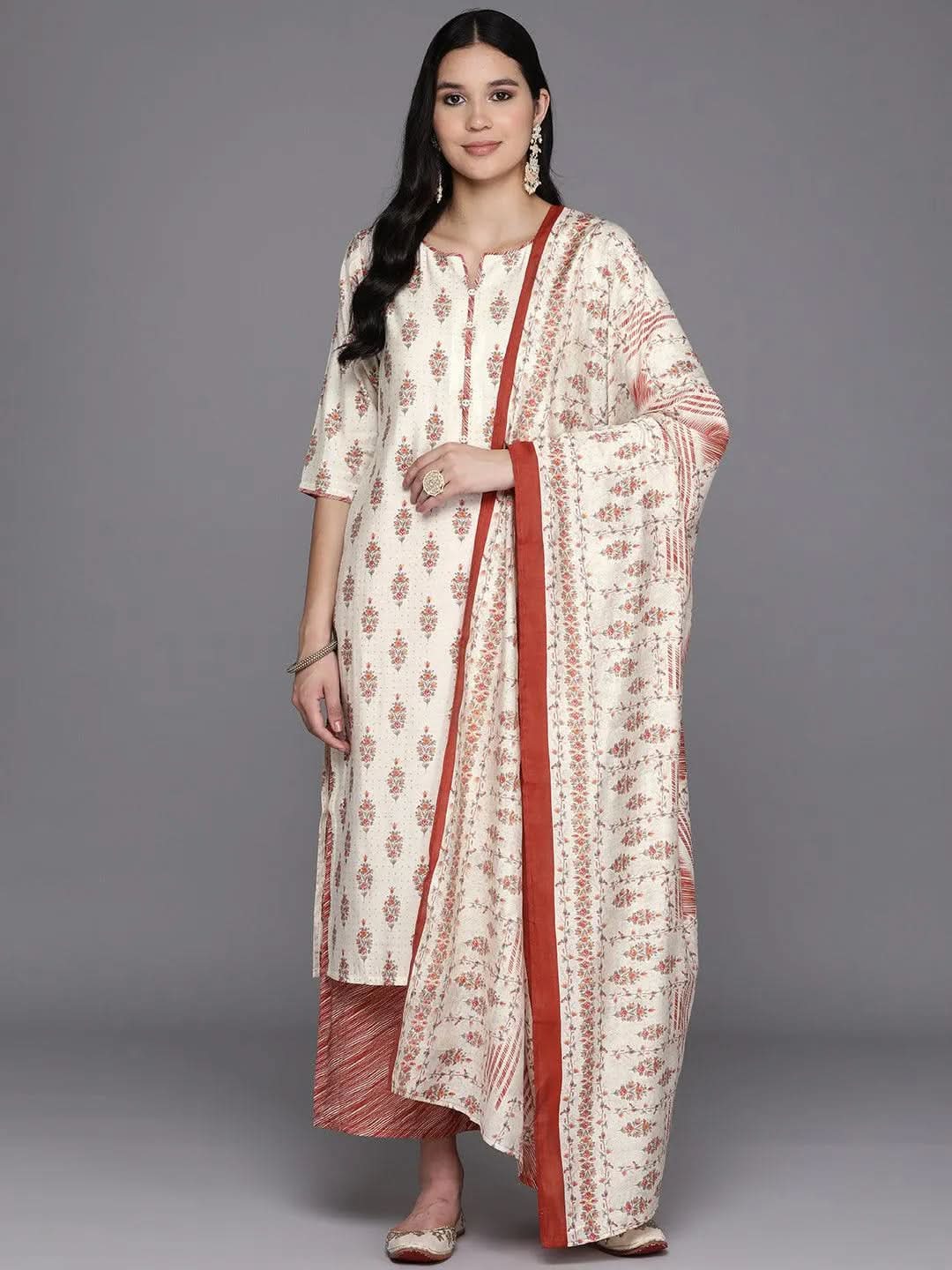 Mameraa Cream Printed Silk Blend Straight Kurta With Palazzos & Dupatta