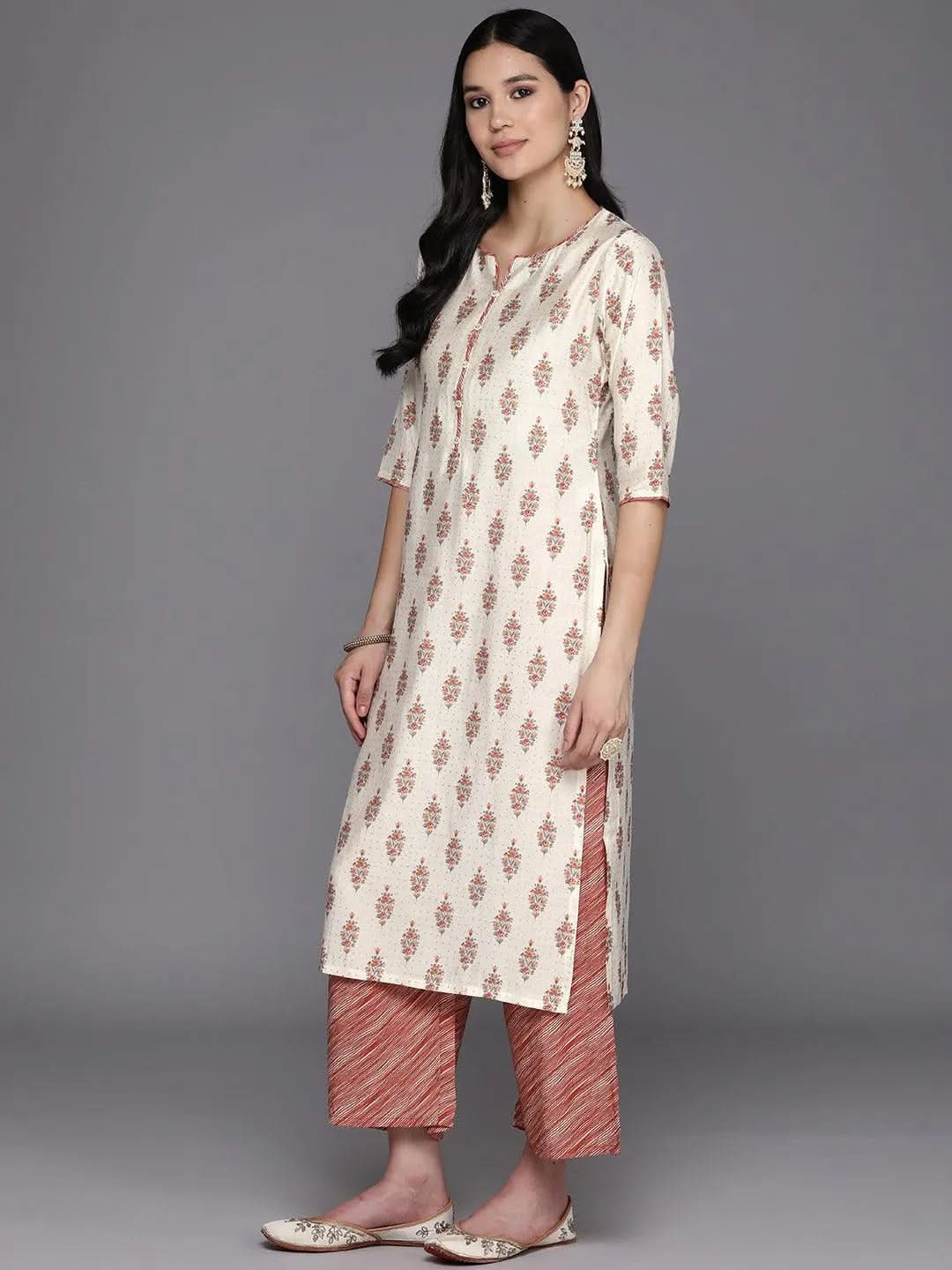 Mameraa Cream Printed Silk Blend Straight Kurta With Palazzos & Dupatta