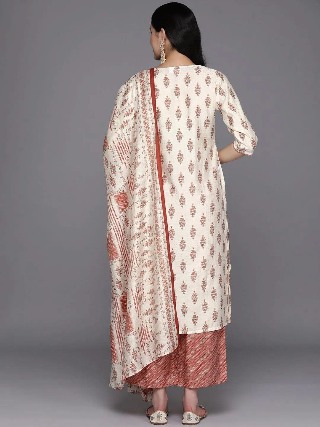 Mameraa Cream Printed Silk Blend Straight Kurta With Palazzos & Dupatta