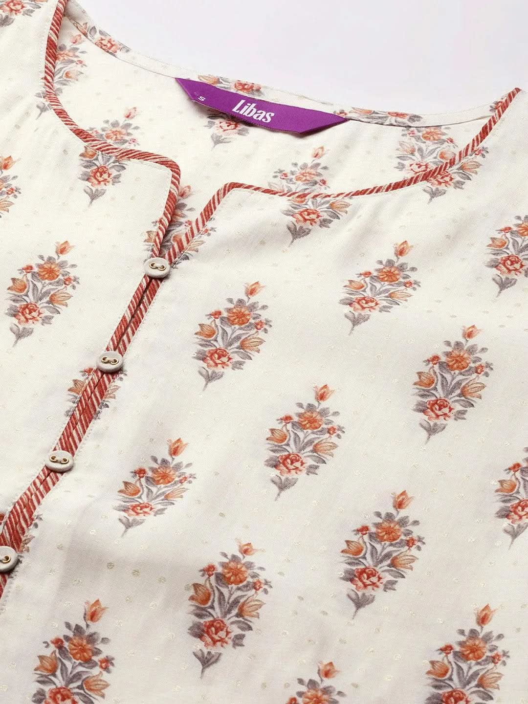 Mameraa Cream Printed Silk Blend Straight Kurta With Palazzos & Dupatta