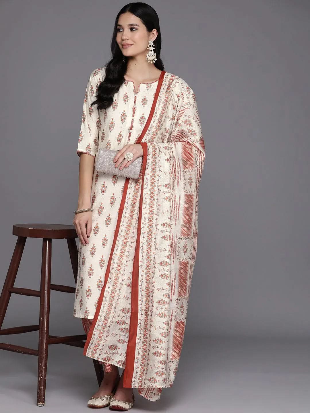Mameraa Cream Printed Silk Blend Straight Kurta With Palazzos & Dupatta