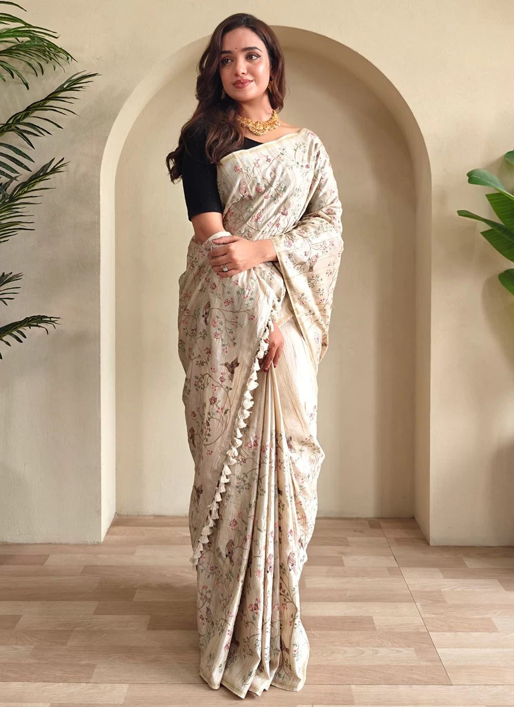 Elegant cream pure loom tussar silk saree with designer embroidery