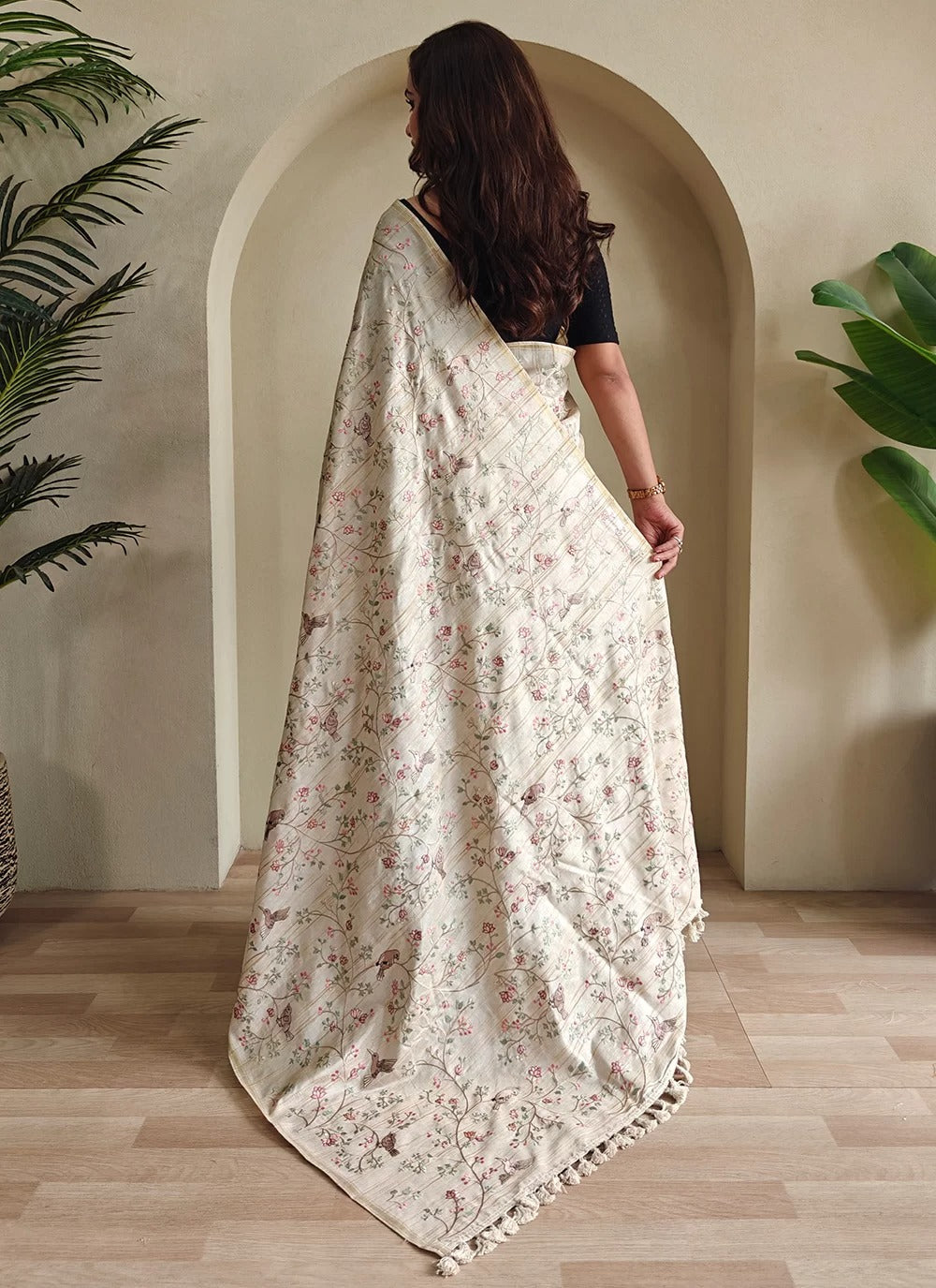 Elegant cream pure loom tussar silk saree with designer embroidery