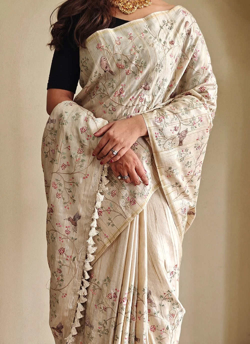Elegant cream pure loom tussar silk saree with designer embroidery