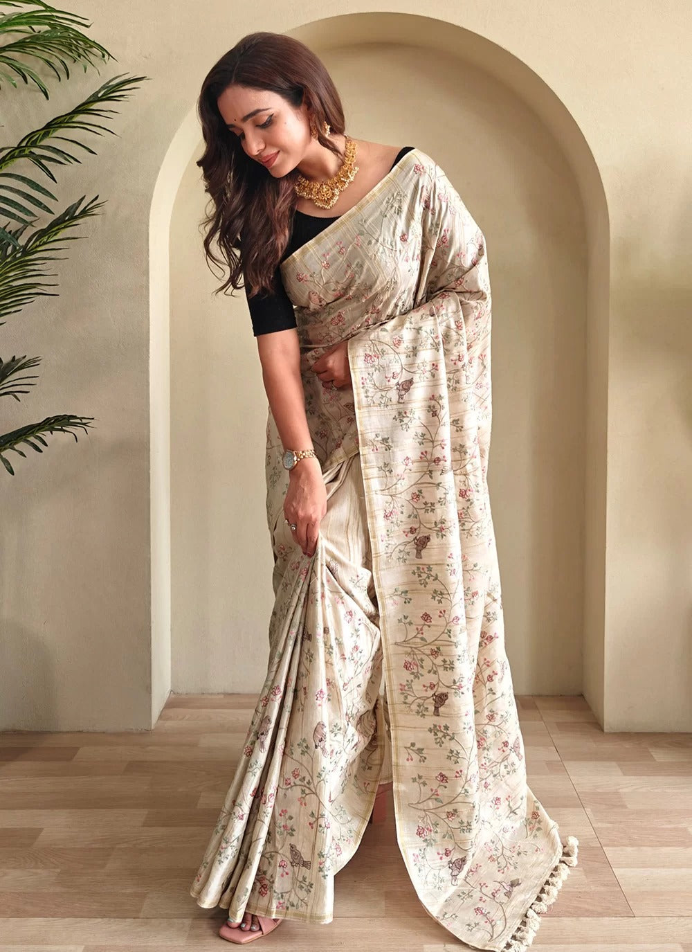 Elegant cream pure loom tussar silk saree with designer embroidery