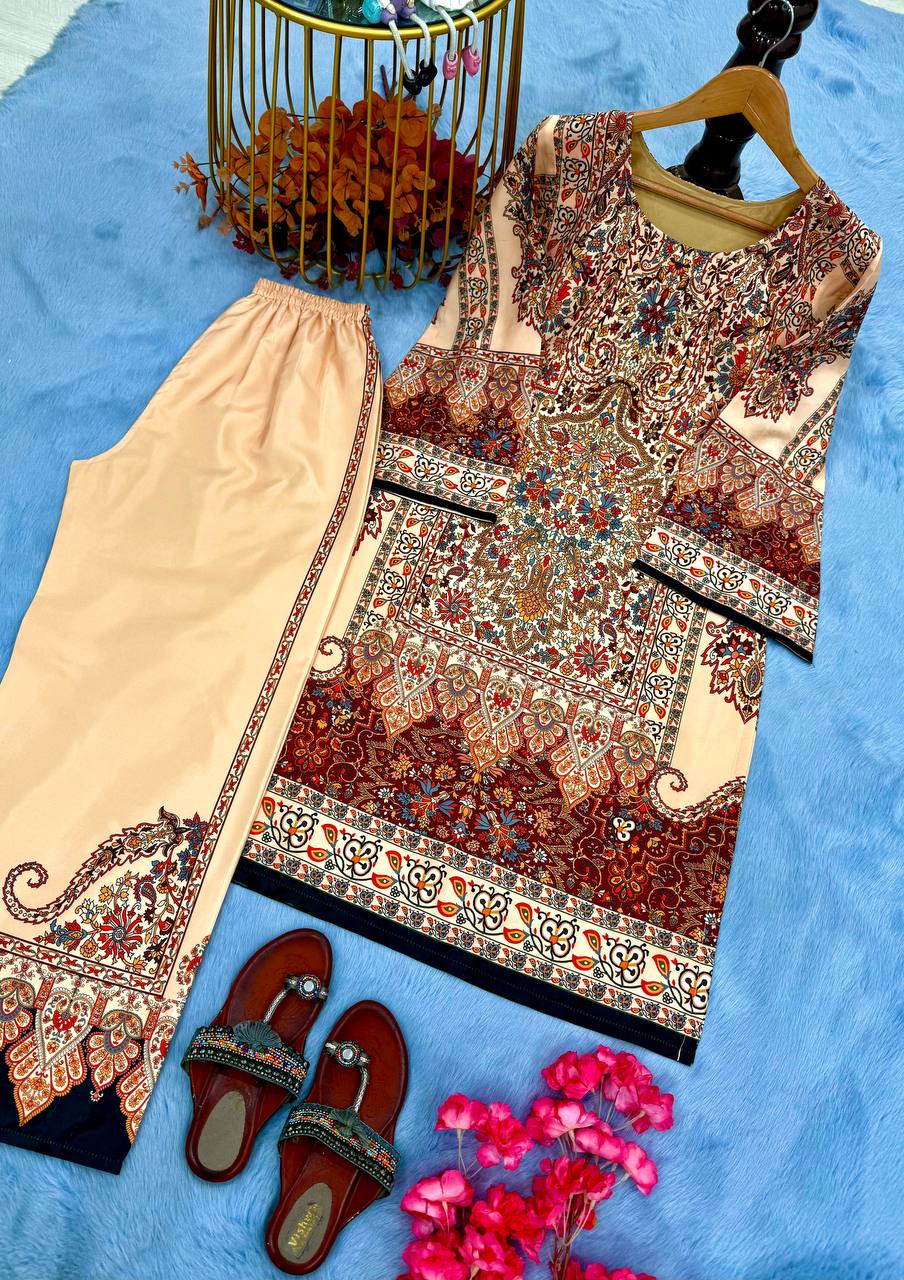 Cream Pure Natural Crepe Digital Print Co-Ord Set Fully Stitched Top & Plazzo