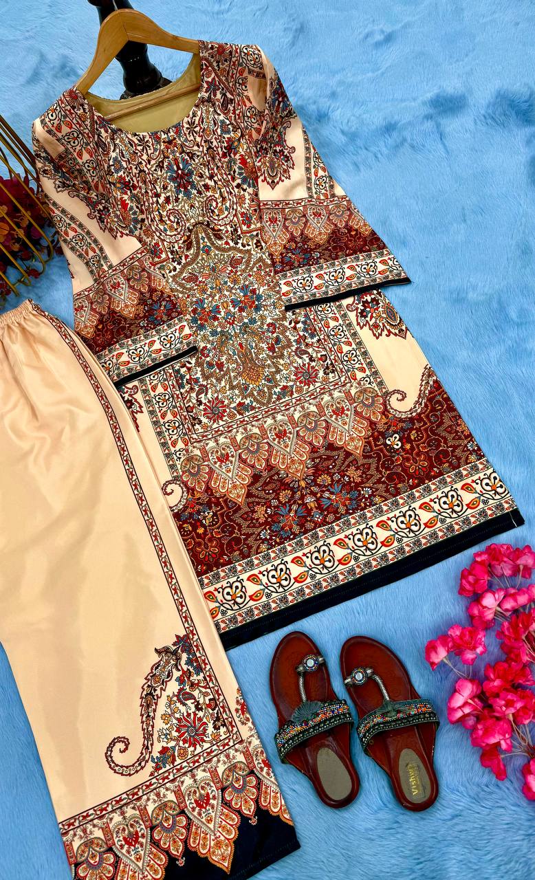 Cream Pure Natural Crepe Digital Print Co-Ord Set Fully Stitched Top & Plazzo