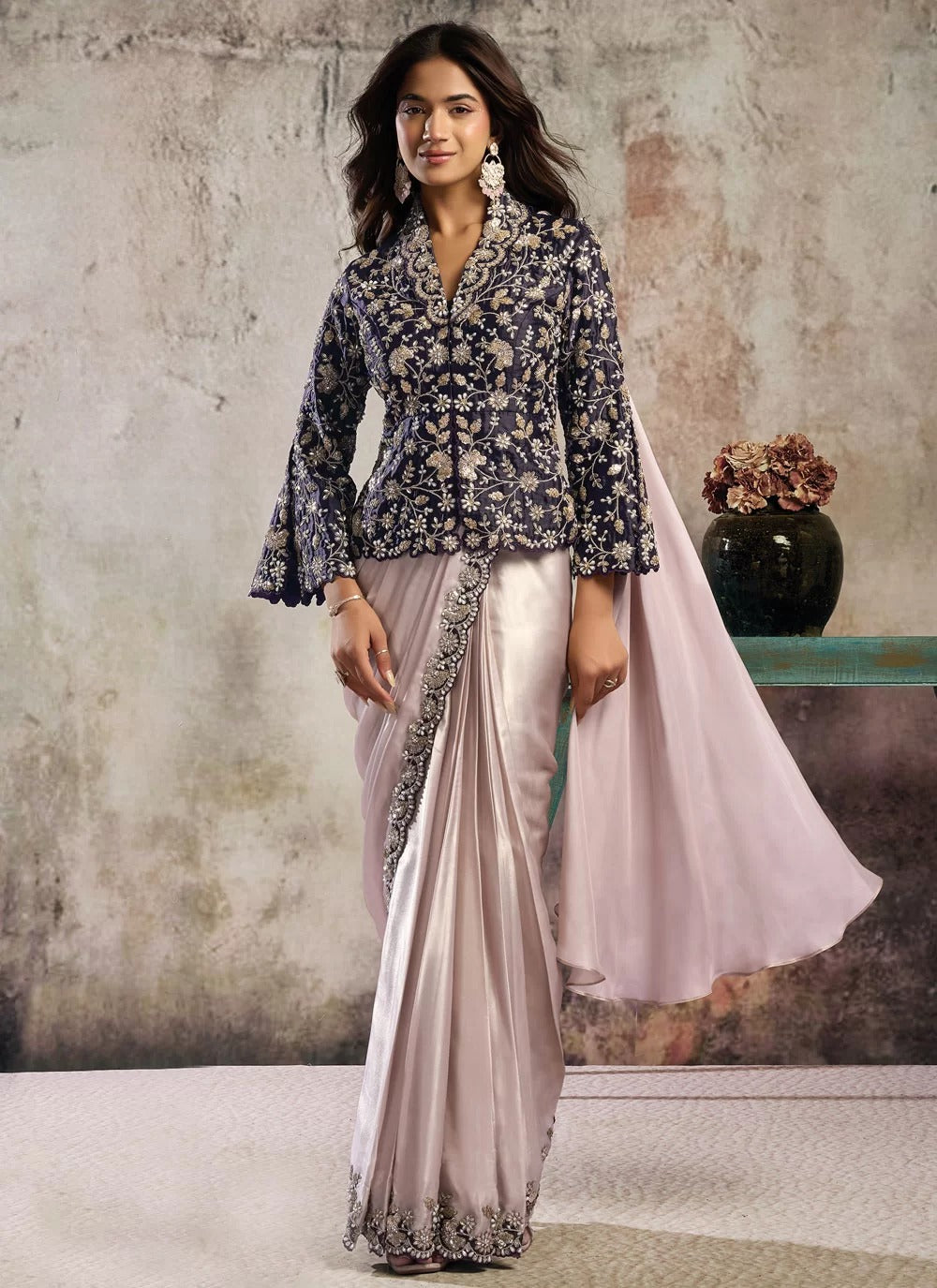 Cream purple metallic satin ready to wear saree with stone work blazer blouse