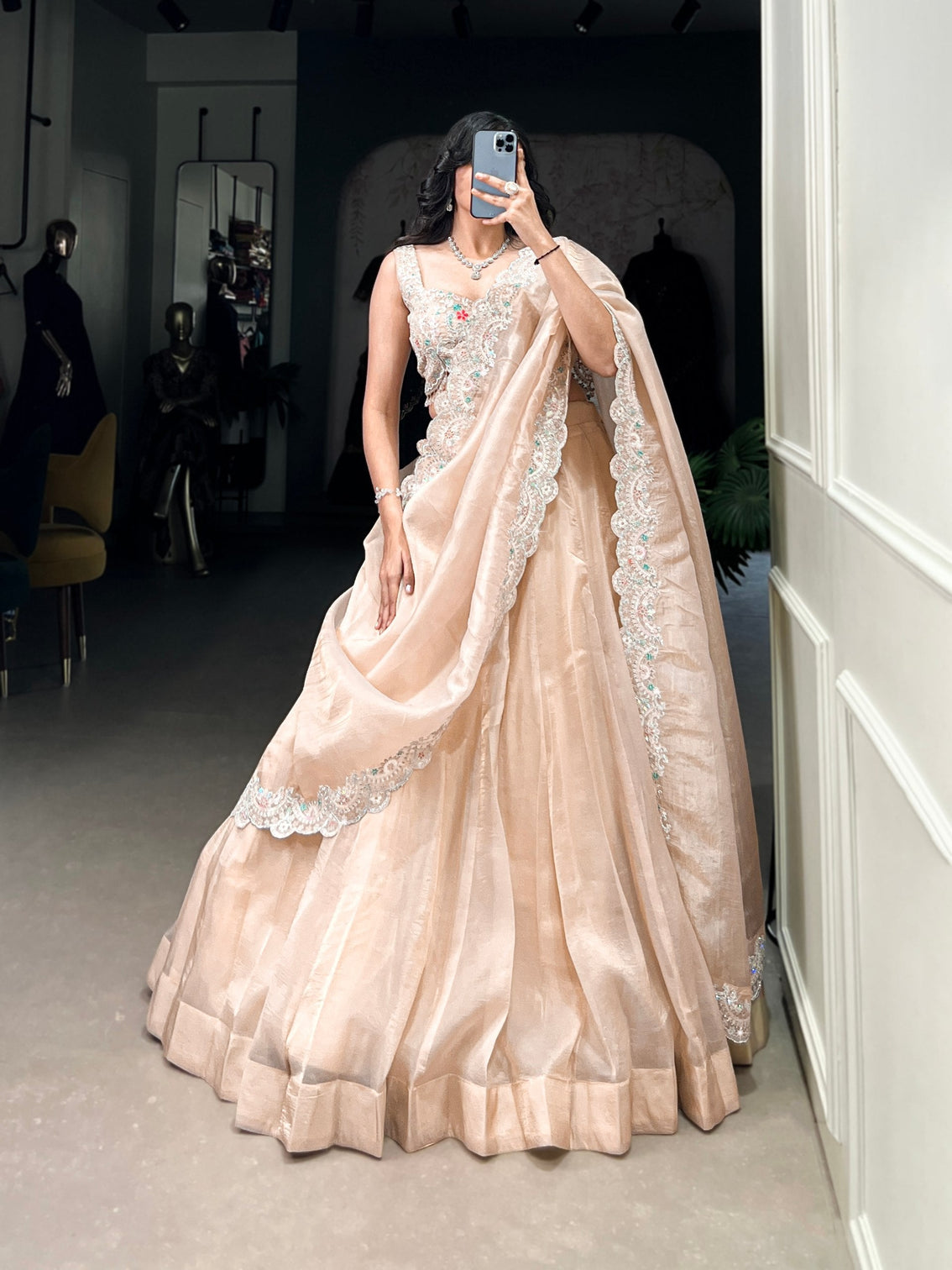 Cream Radiant Gold Crush Lehenga Set – Luxe Elegance with Jarkan Diamond & Sequin Embroidery