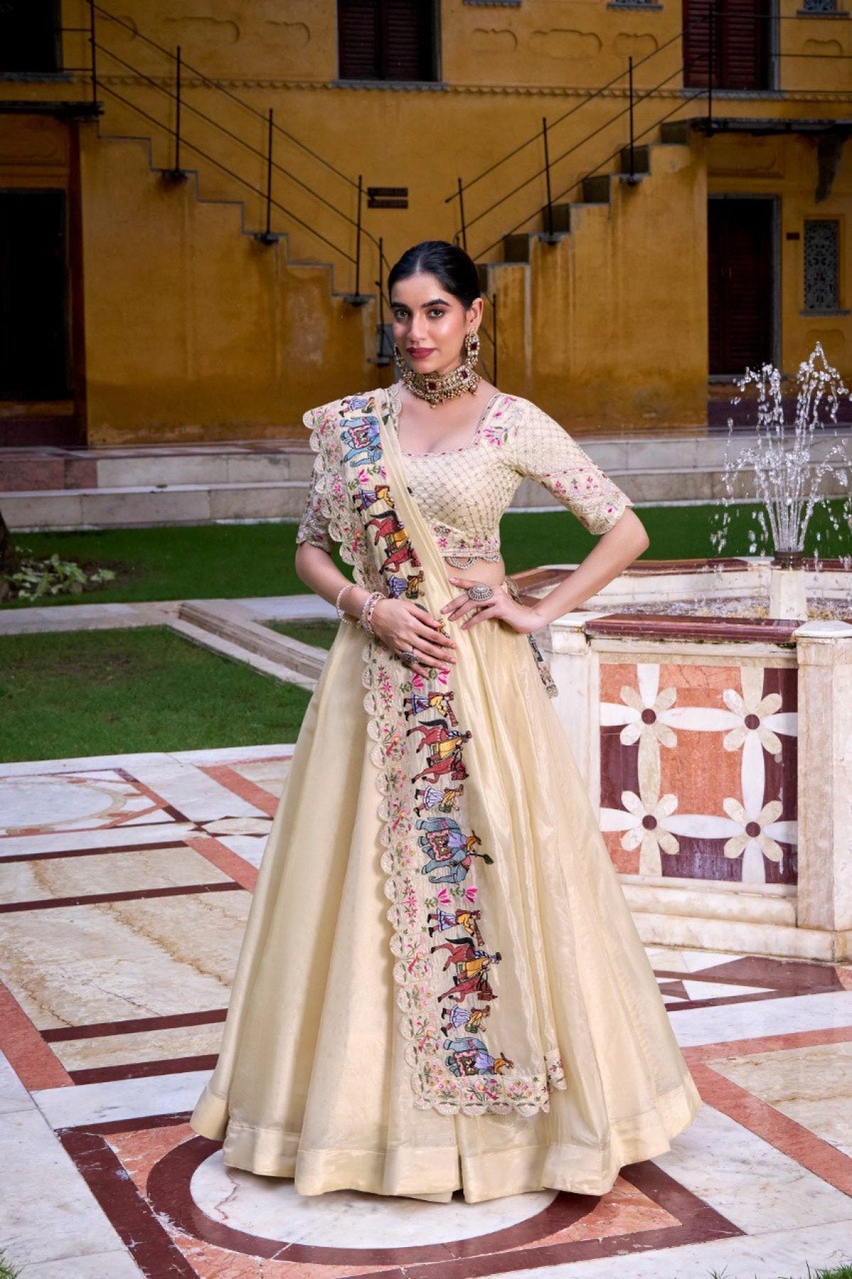 Raspberry Lehenga Choli with Sequins Thread Embroidery and 5 Meter Flair