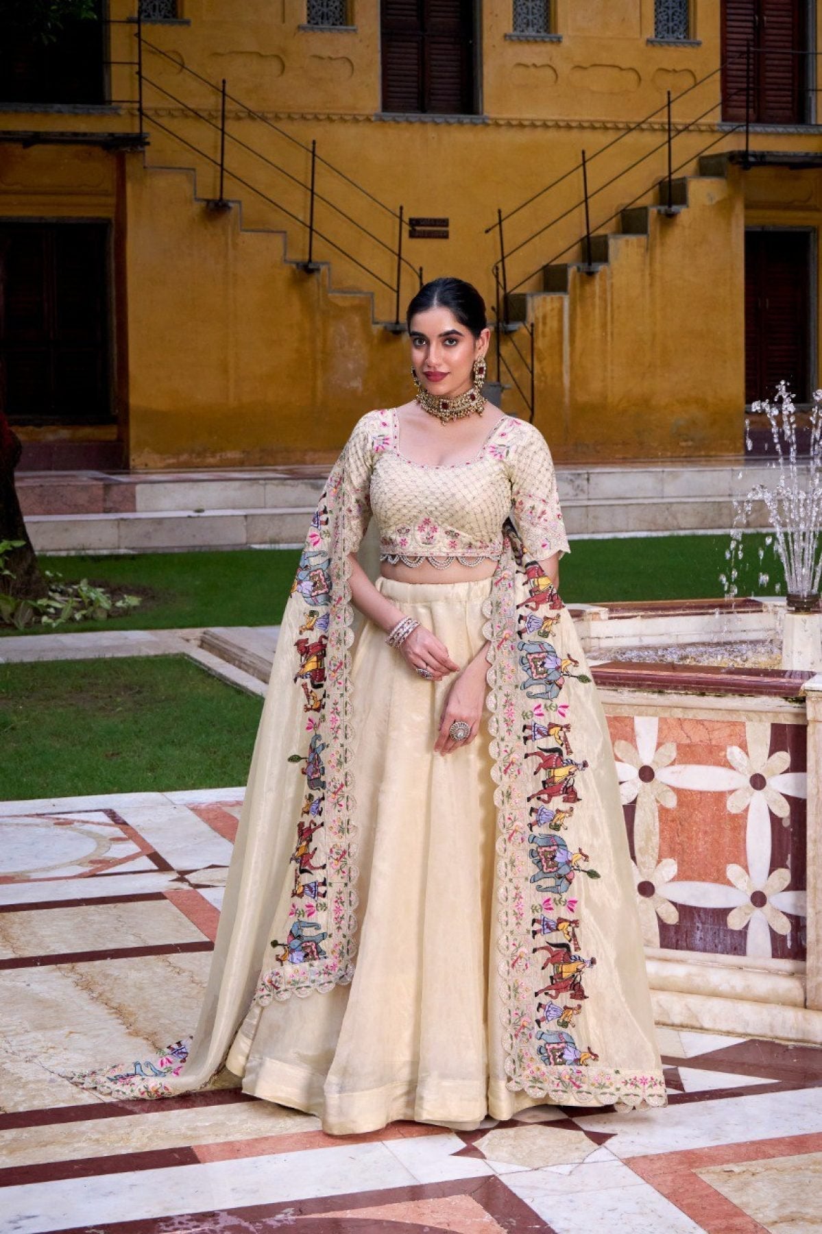 Raspberry Lehenga Choli with Sequins Thread Embroidery and 5 Meter Flair
