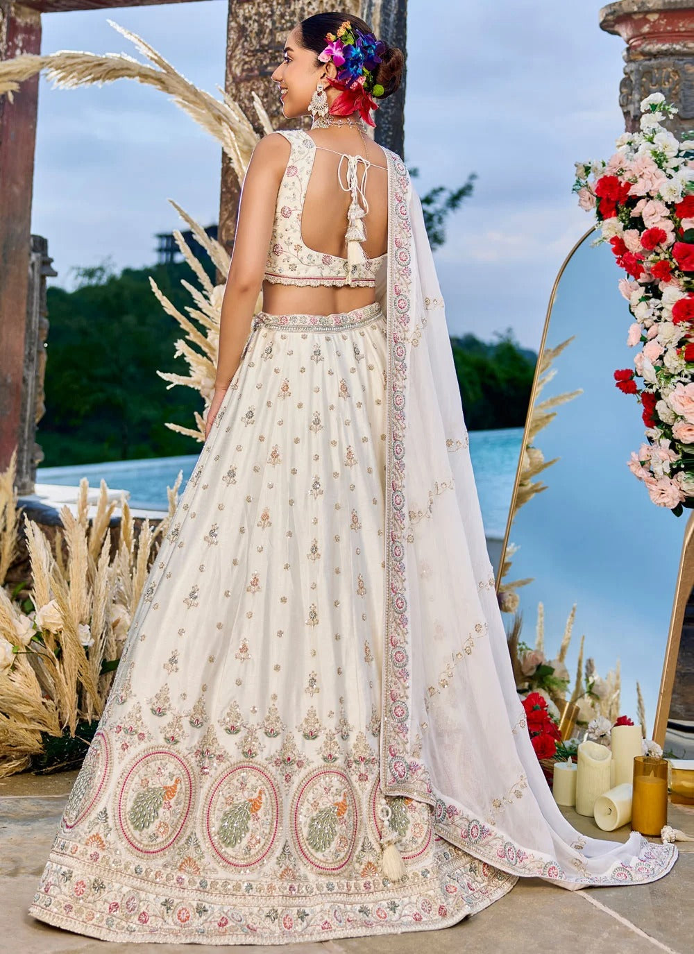 Cream silk wedding guest lehenga with sequins coding embroidery