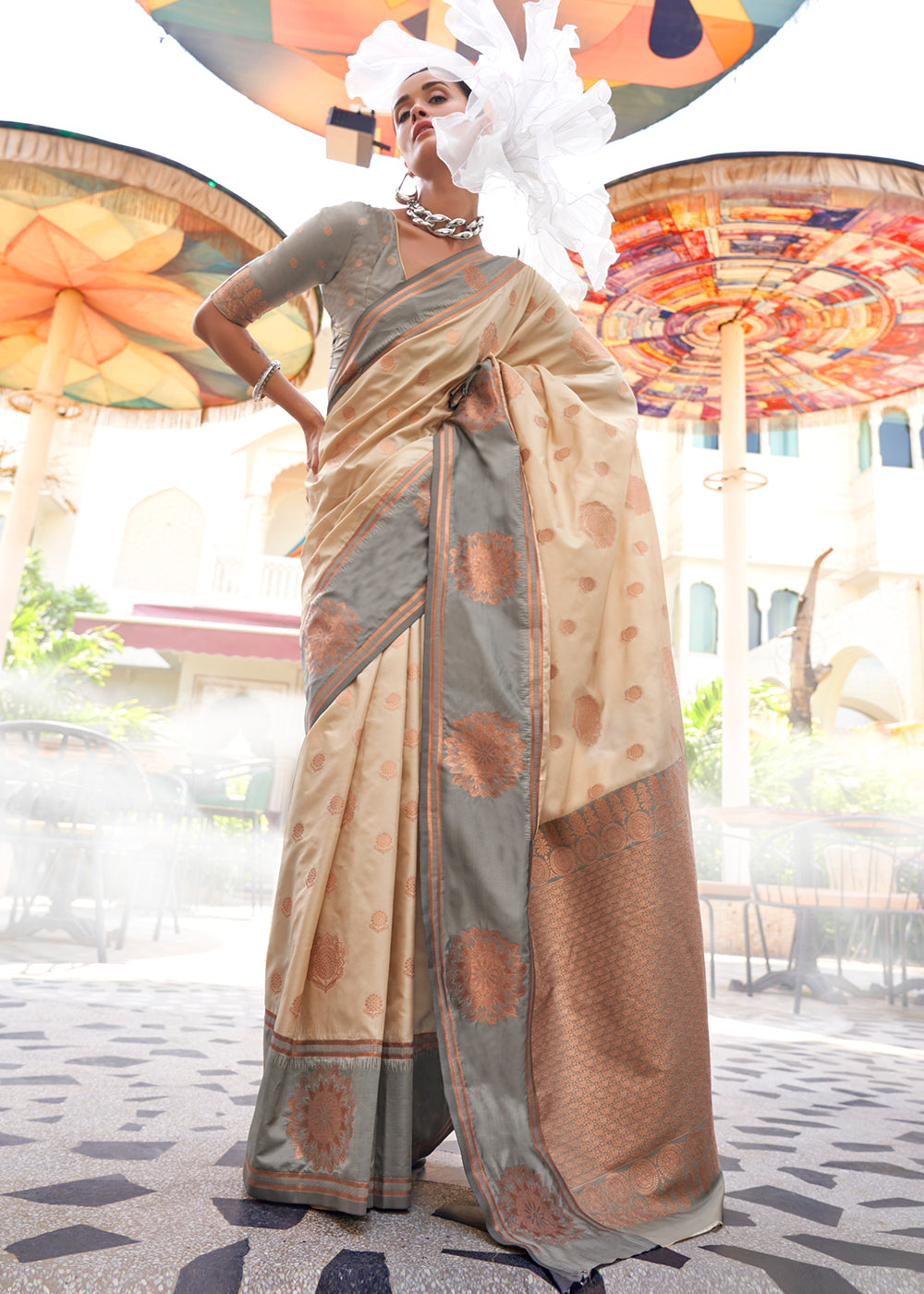Cream Regal Banarasi Silk Saree – Vintage Elegance with Intricate Detailing