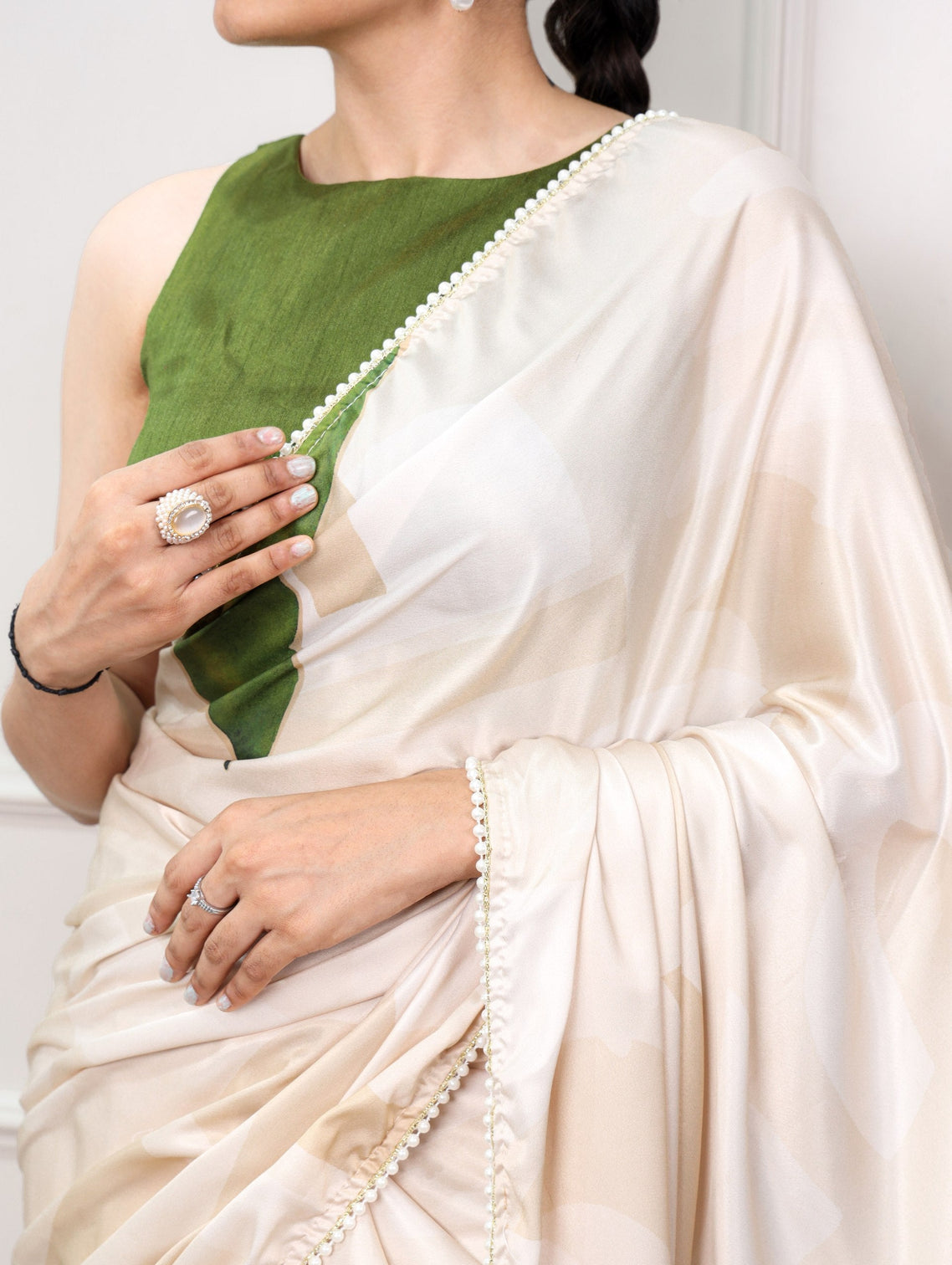 Cream Satin Silk Printed Saree with Pearl Lace
