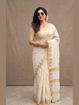 Cream Semi Tussar Cotton Saree with Temple Jacquard Border and Rich Pallu