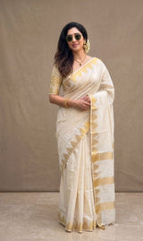 Cream Semi Tussar Cotton Saree with Temple Jacquard Border and Rich Pallu