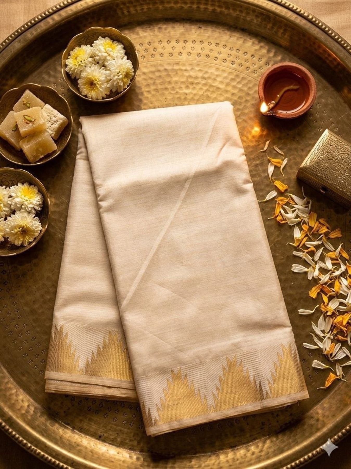 Cream Semi Tussar Cotton Saree with Temple Jacquard Border and Rich Pallu