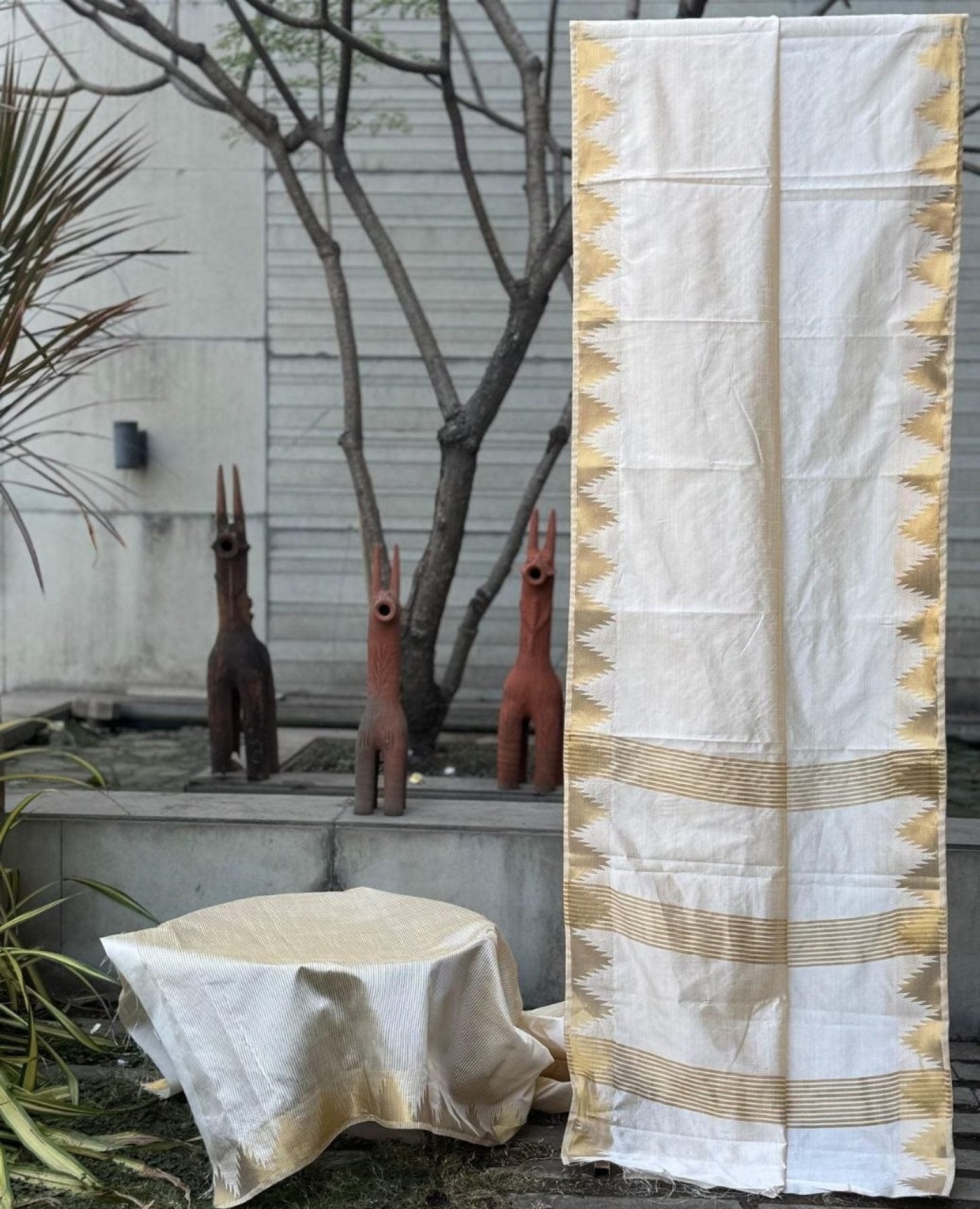 Cream Semi Tussar Cotton Saree with Temple Jacquard Border and Rich Pallu