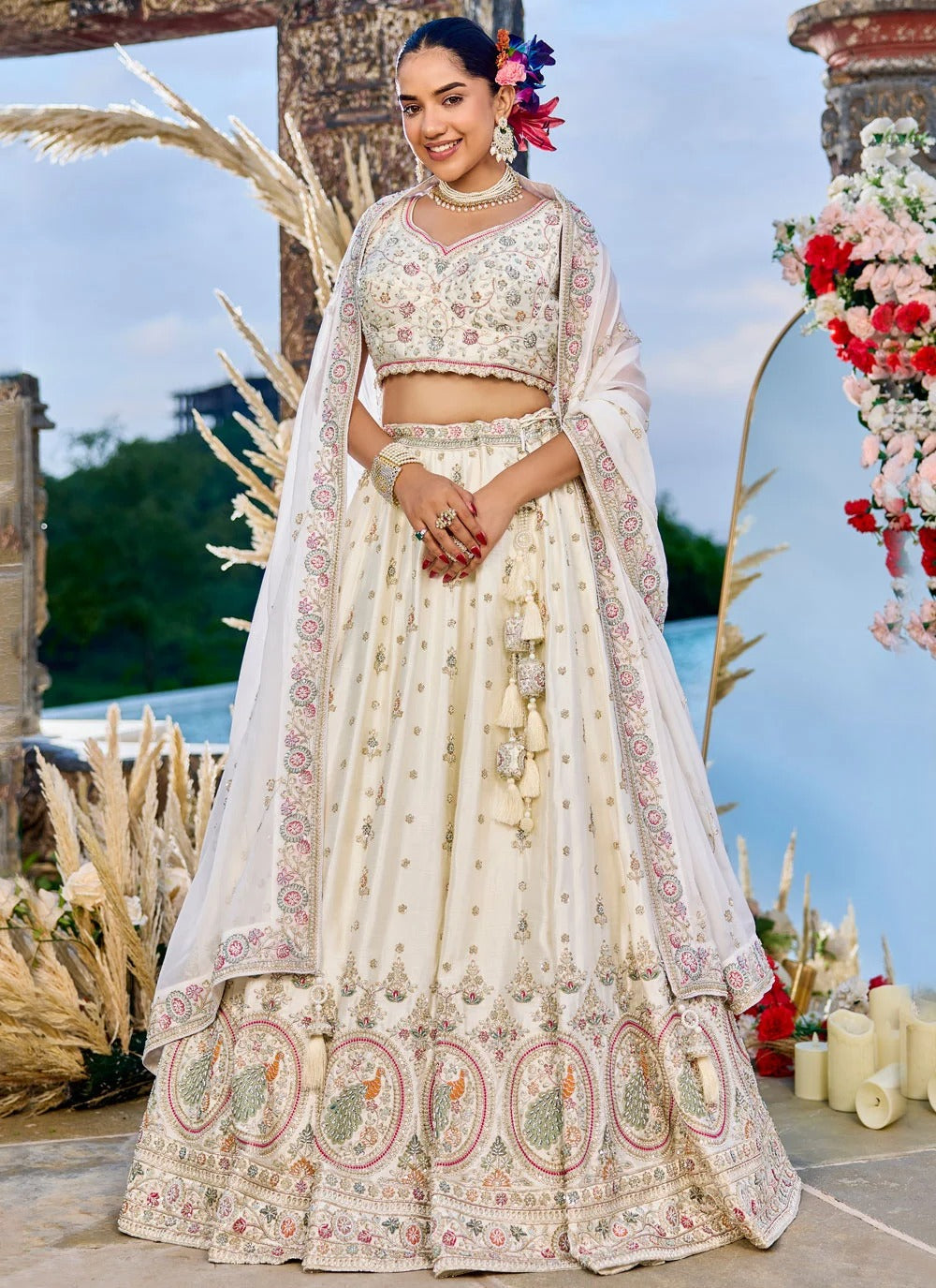 Cream silk wedding guest lehenga with sequins coding embroidery