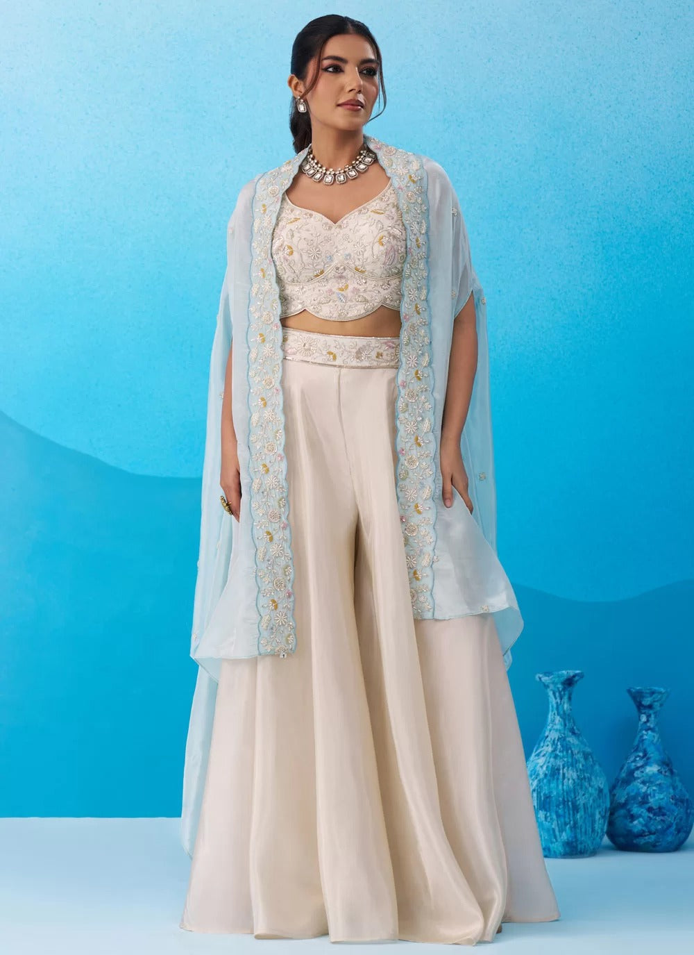 Cream sky blue indo western co ord set with embroidered cape for women