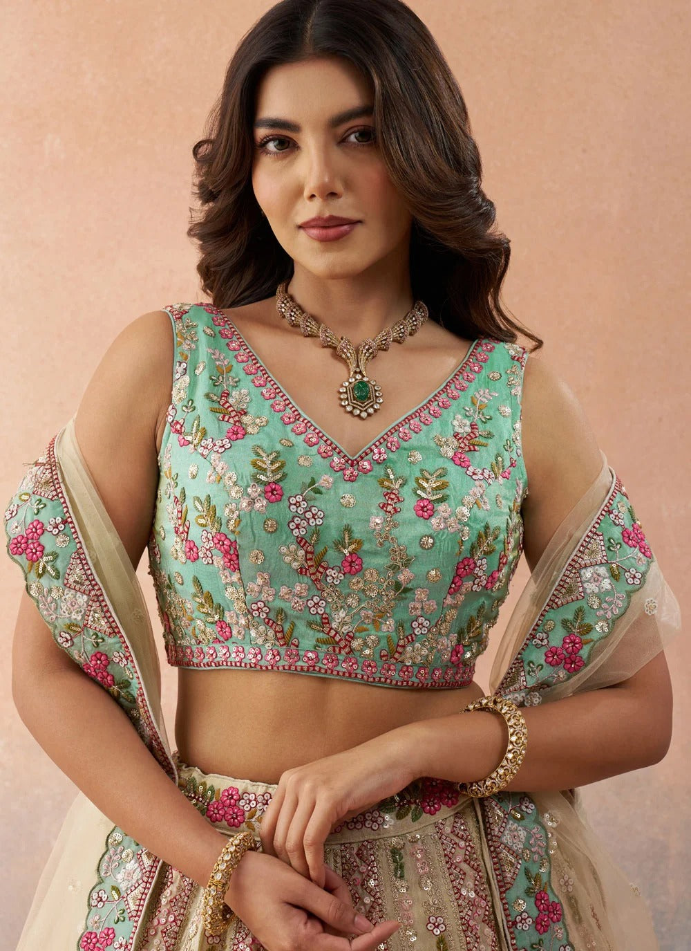 Cream sky blue wedding reception lehenga for women