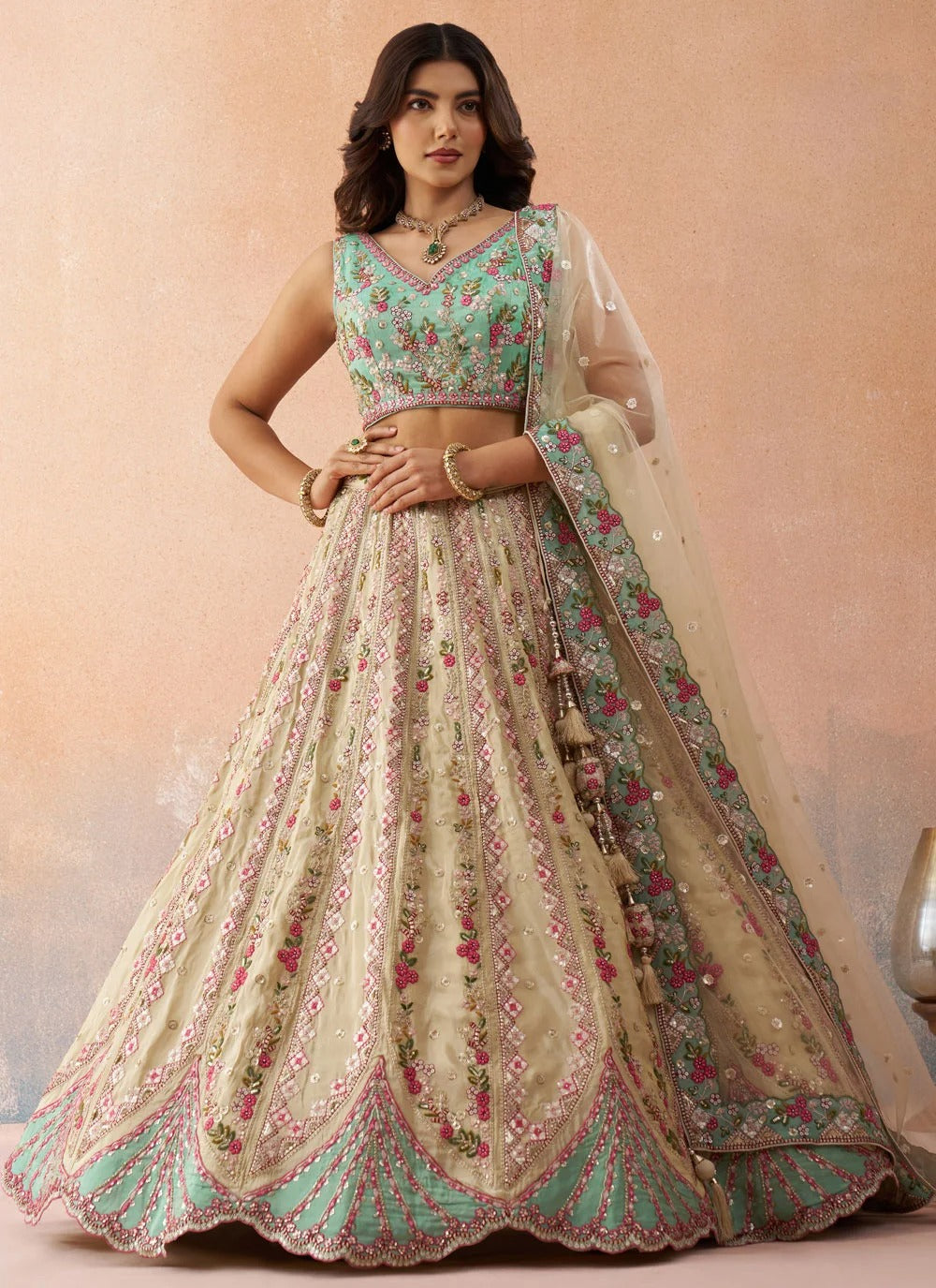 Cream sky blue wedding reception lehenga for women