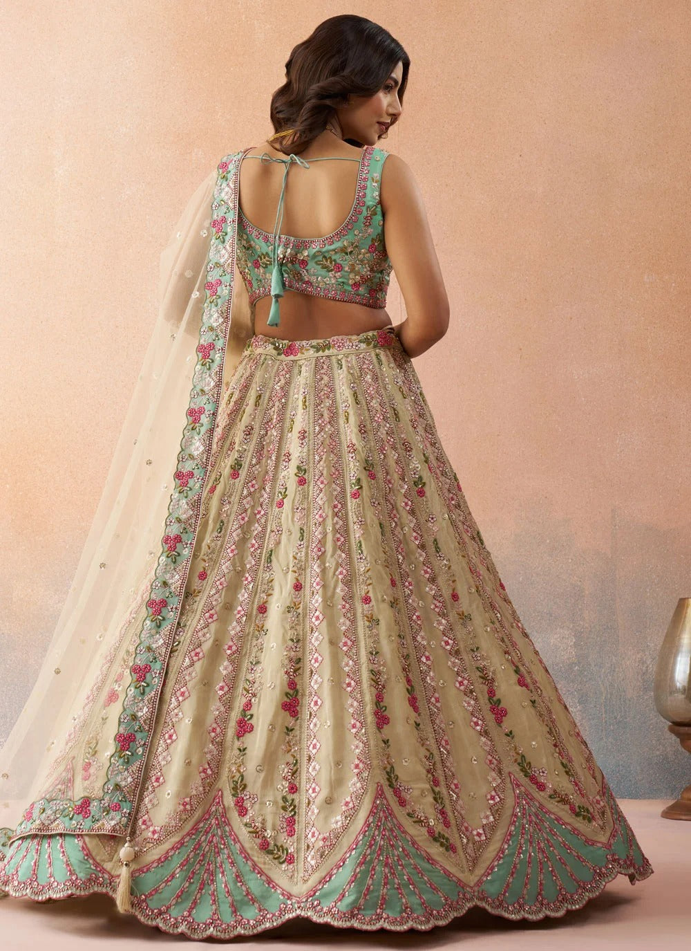 Cream sky blue wedding reception lehenga for women