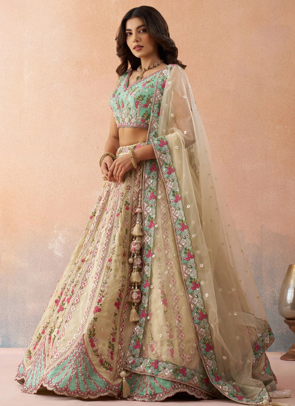 Cream sky blue wedding reception lehenga for women