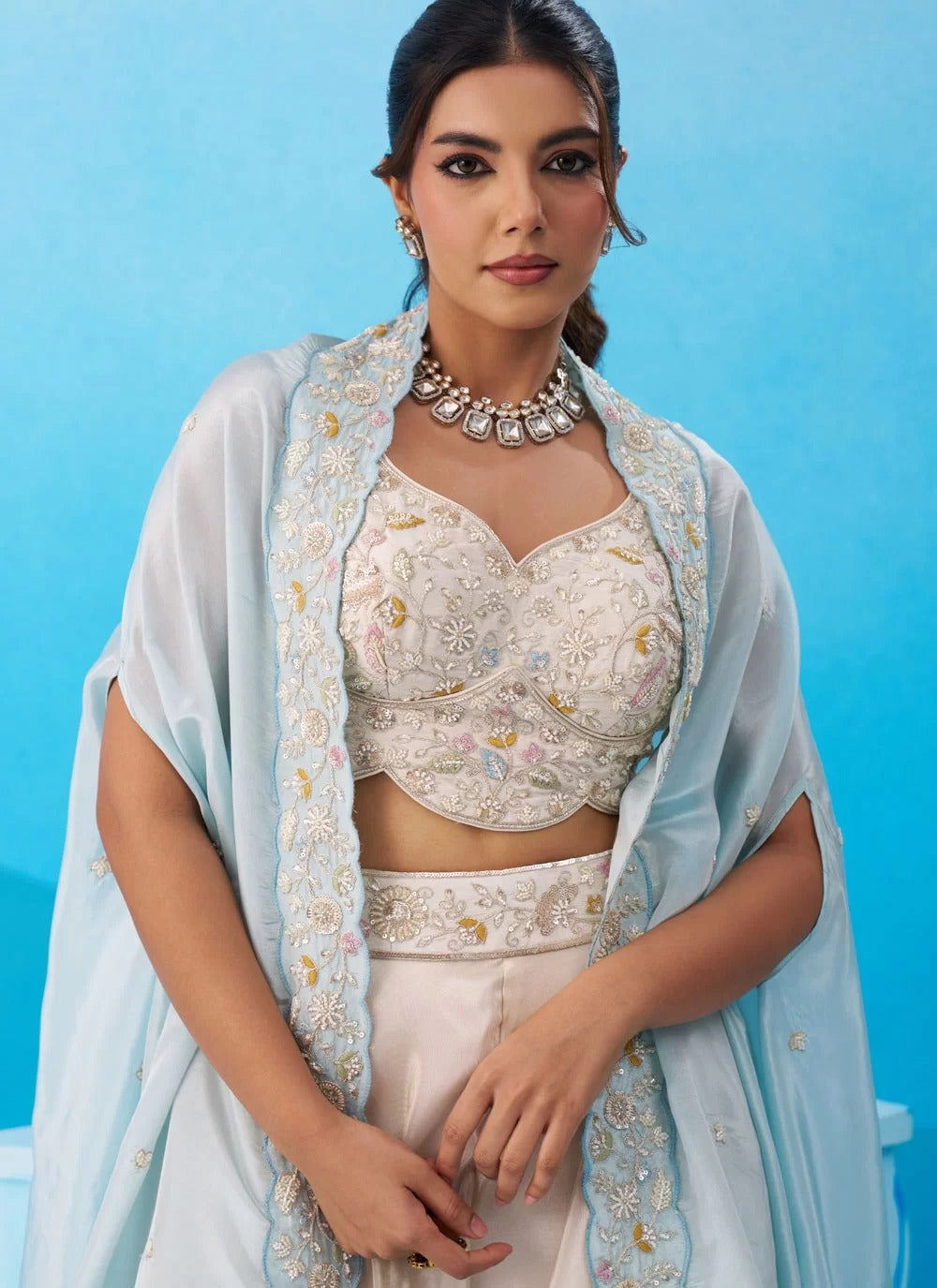 Cream sky blue indo western co ord set with embroidered cape for women