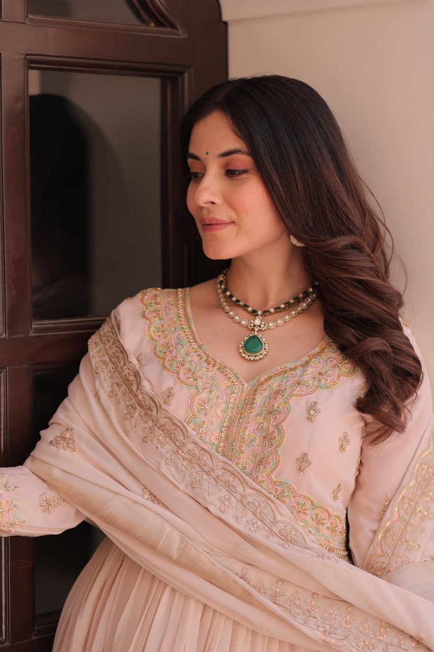 Cream Star Georgette Gown with Dupatta – Beads & Sequins Multi-Embroidery