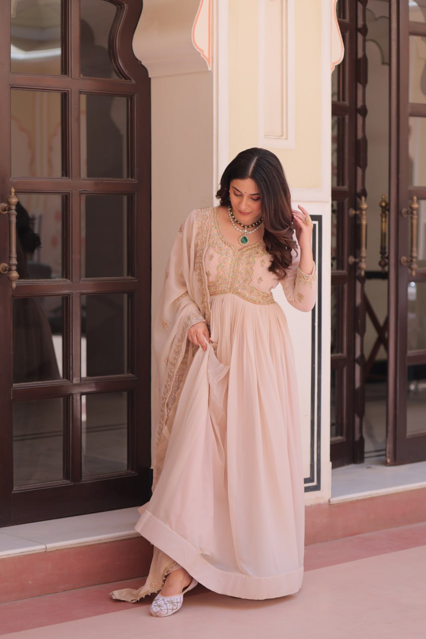 Cream Star Georgette Gown with Dupatta – Beads & Sequins Multi-Embroidery