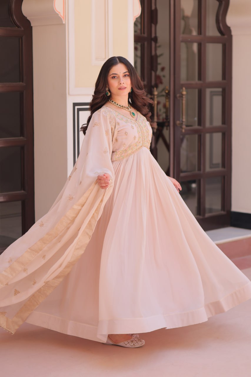 Cream Star Georgette Gown with Dupatta – Beads & Sequins Multi-Embroidery