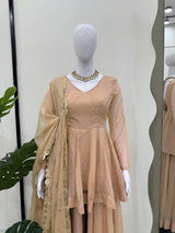 Cream Tabby Organza Work Suit Set with Plazo & Dupatta