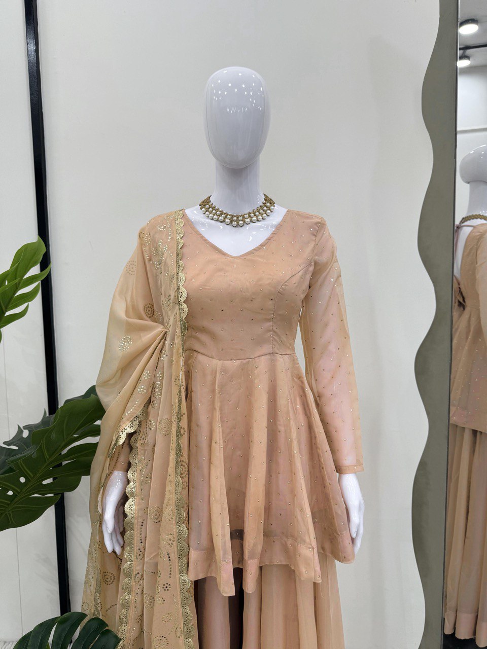Cream Tabby Organza Work Suit Set with Plazo & Dupatta