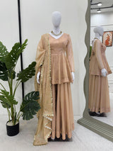 Cream Tabby Organza Work Suit Set with Plazo & Dupatta