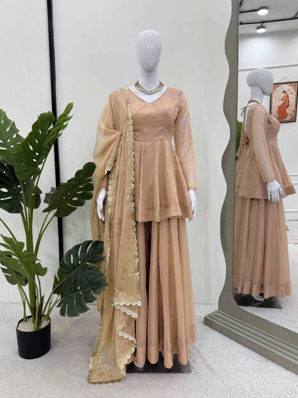 Cream Tabby Organza Work Suit Set with Plazo & Dupatta