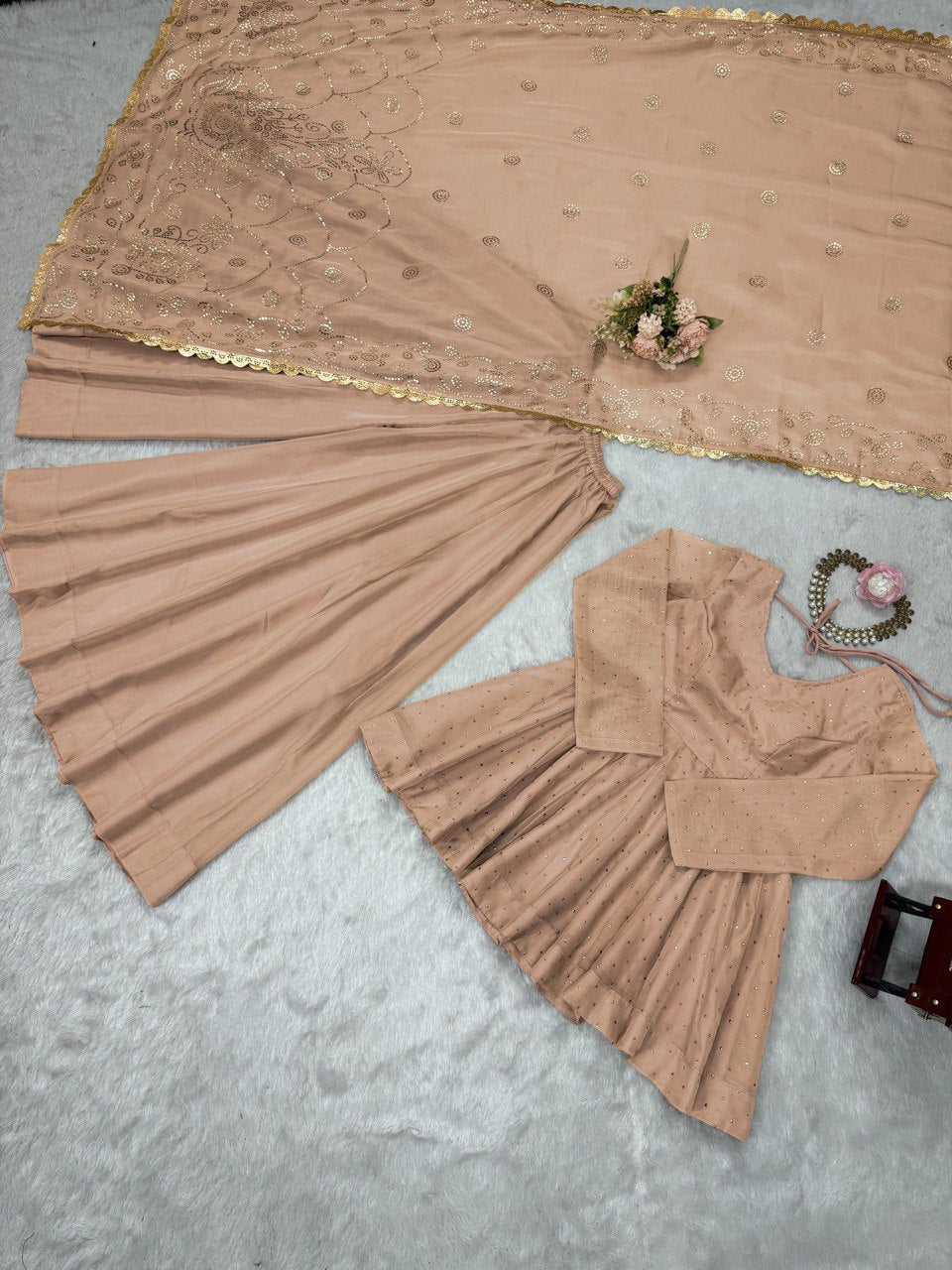 Cream Tabby Organza Work Suit Set with Plazo & Dupatta