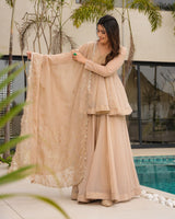 Cream Tabby Organza Work Suit Set with Plazo & Dupatta